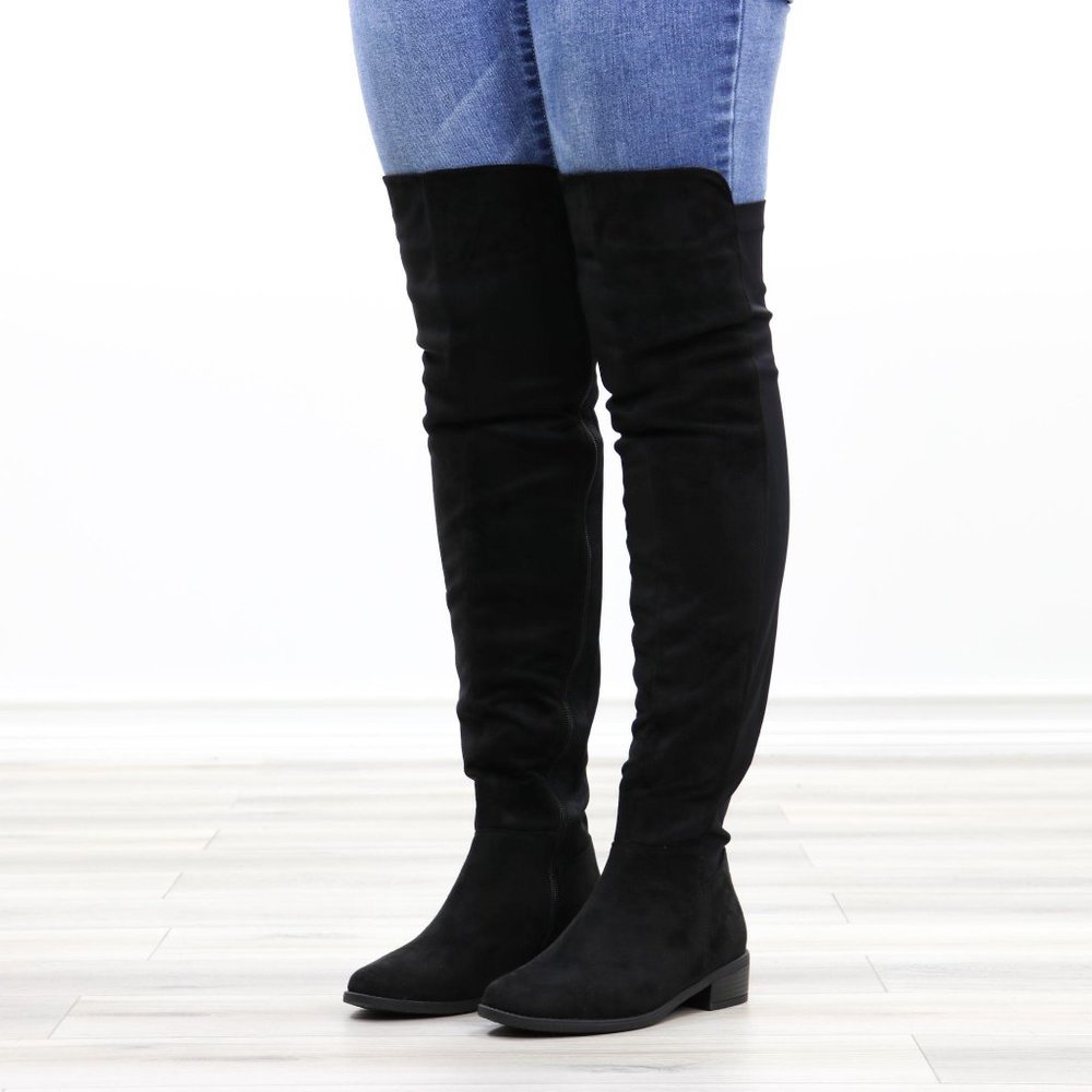 Thigh High Suede & Stretchy Material Low Heel Boot - Picture 13 of 14